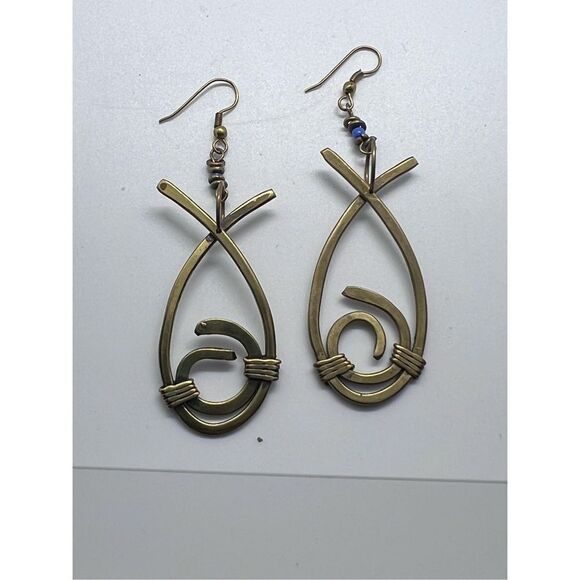New Vintage Artisan Made Brass Open Fish Dangle French Hook Earrings - Picture 2 of 6